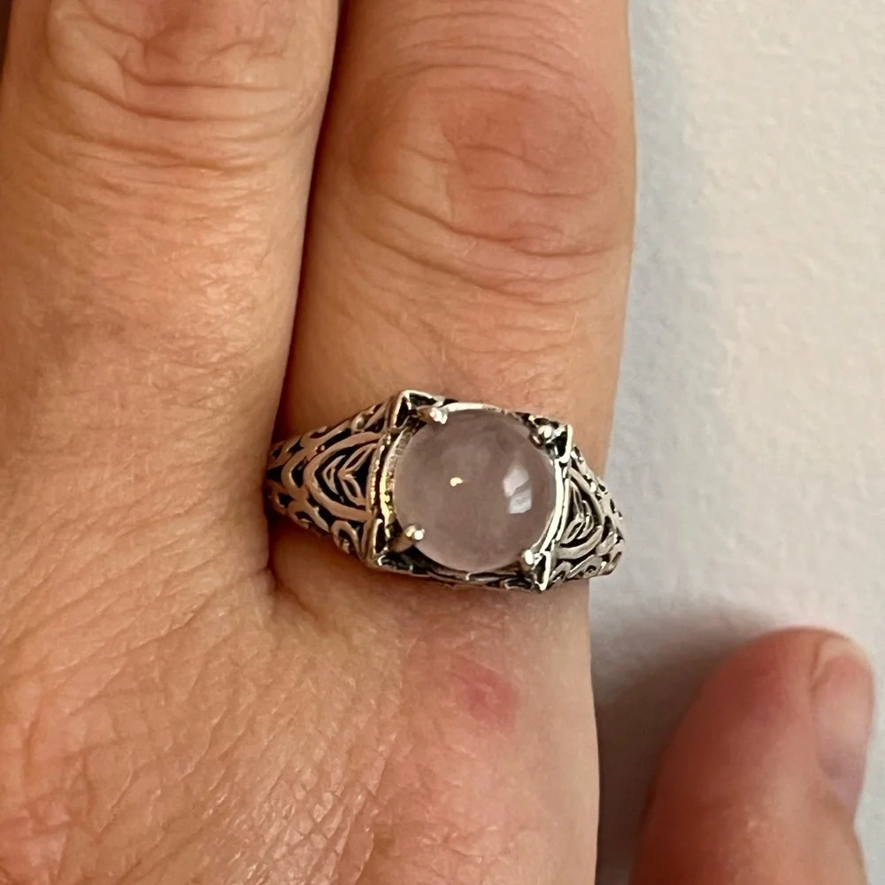 SOLID 925 STERLING SILVER ROSE QUARTZ GEMSTONE RING SIZE 9.75